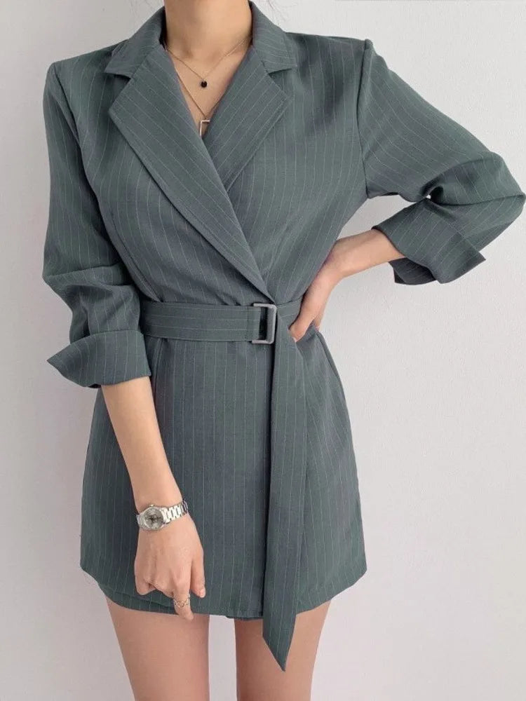 [EWQ] Korean Chic Office Lady Vintage Striped Notched Collar Mini Dress Women Lace Up Waist Striped Blazer Dresses 2023 Spring