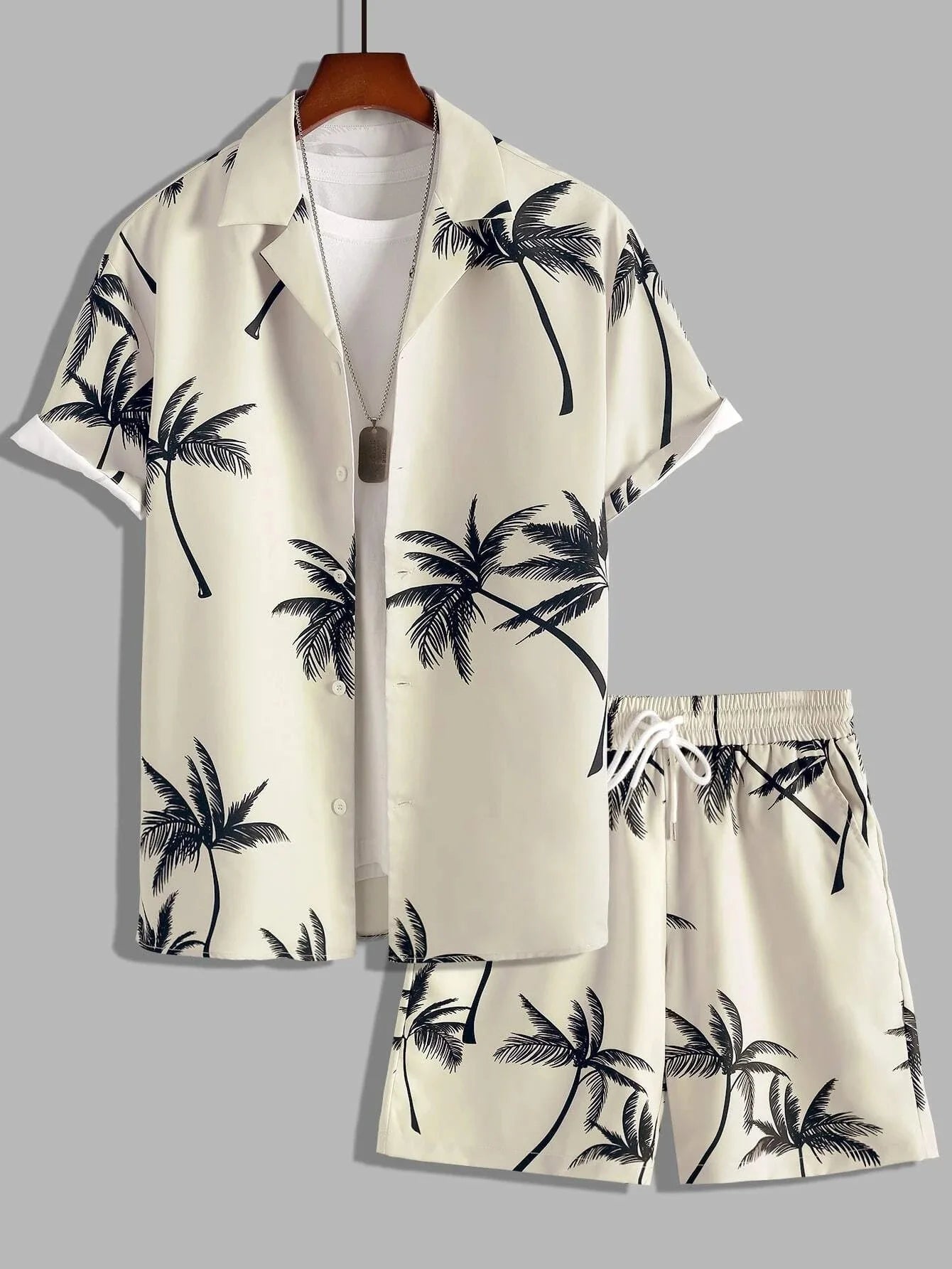 Men Random Palm Tree Print Shirt & Drawstring Waist Shorts Without Tee