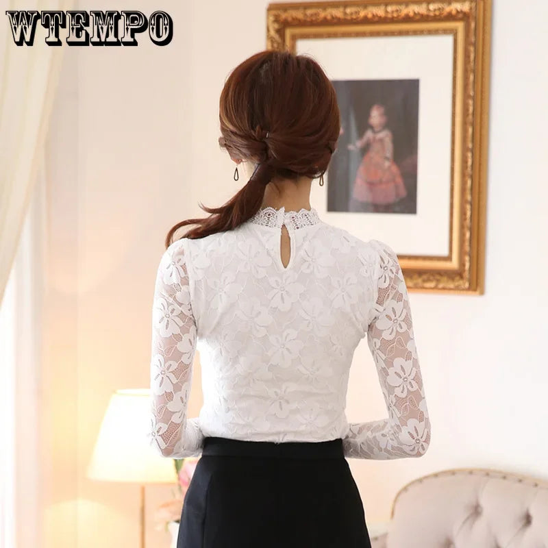 WTEMPO Sheer Lace Tops Long Sleeve Casual Shirt Beaded Turtleneck Feminine Tops Women Sexy Slim Lace Blouse Bottom Knitted Tops