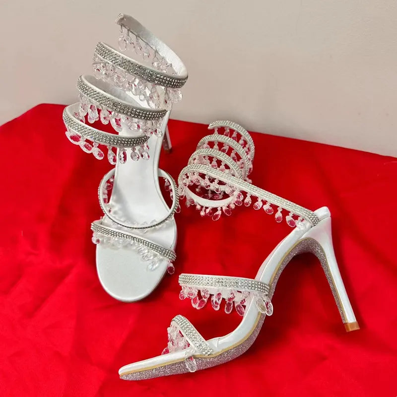 Star style Rhinestones Tassel Serpentine Winding Women Sandals Fashion Stiletto High heels Gladiator sandals Summer Prom Shoes