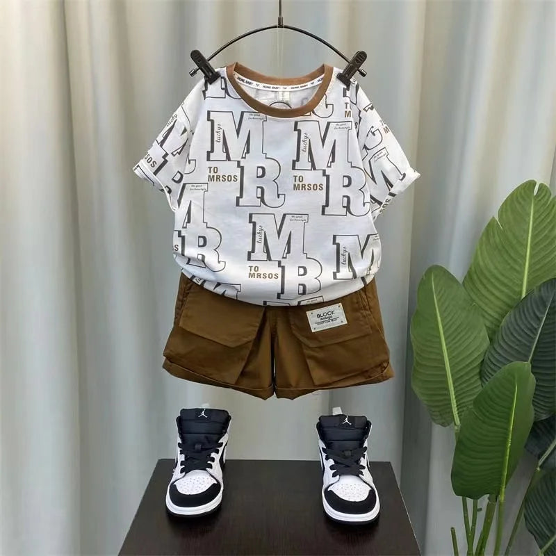 Boys Summer Short Sleeve Set 2024 New Fashionable Baby Clothes Boys Handsome Clothes Children's Letter Two Piece Set