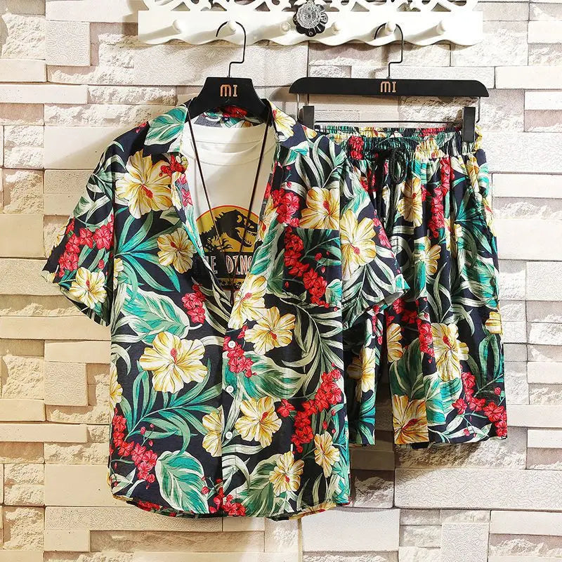 Men's 2 Pieces Set Hawaiian Shirts + Beach Shorts Mens Casual Streetwear Summer 12 Floral Print Loose Short Sleeve Holiday Suits