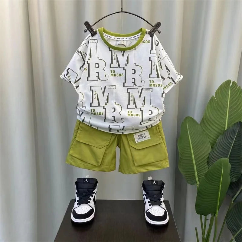 Boys Summer Short Sleeve Set 2024 New Fashionable Baby Clothes Boys Handsome Clothes Children's Letter Two Piece Set