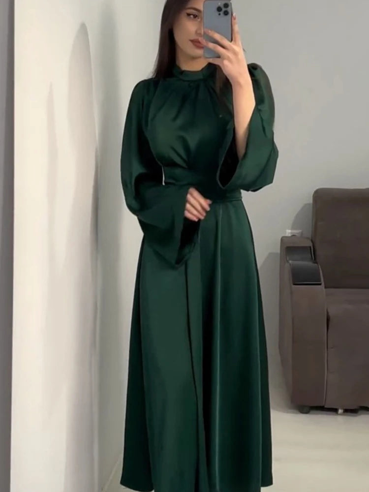 Eid Muslim Party Dress for Women Abaya Morocco Satin Dresses Ramadan Lace-up Abayas Kaftan Islam Dubai Arab Long Robe 2024