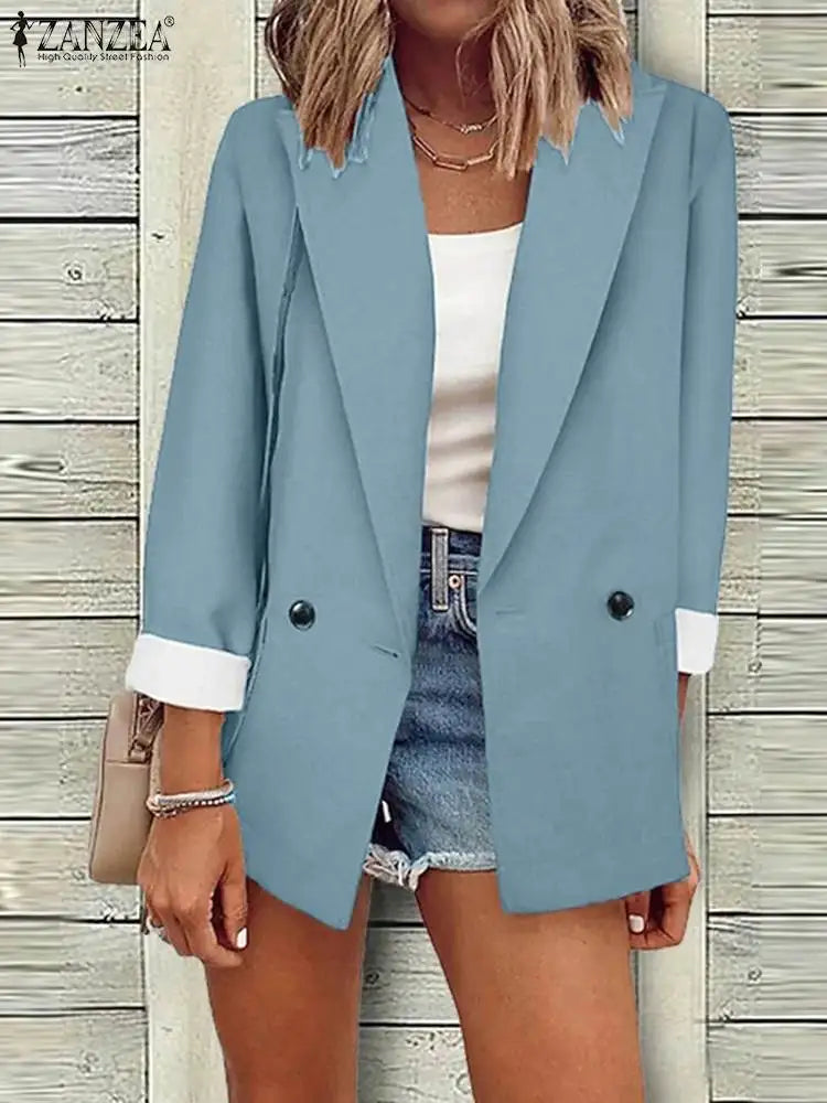 Fashion Women Solid Blazer ZANZEA Holiday Lapel Collar Jaket 2023 Autumn Long Sleeve Coats Casual Loose Colorblock Outerwears