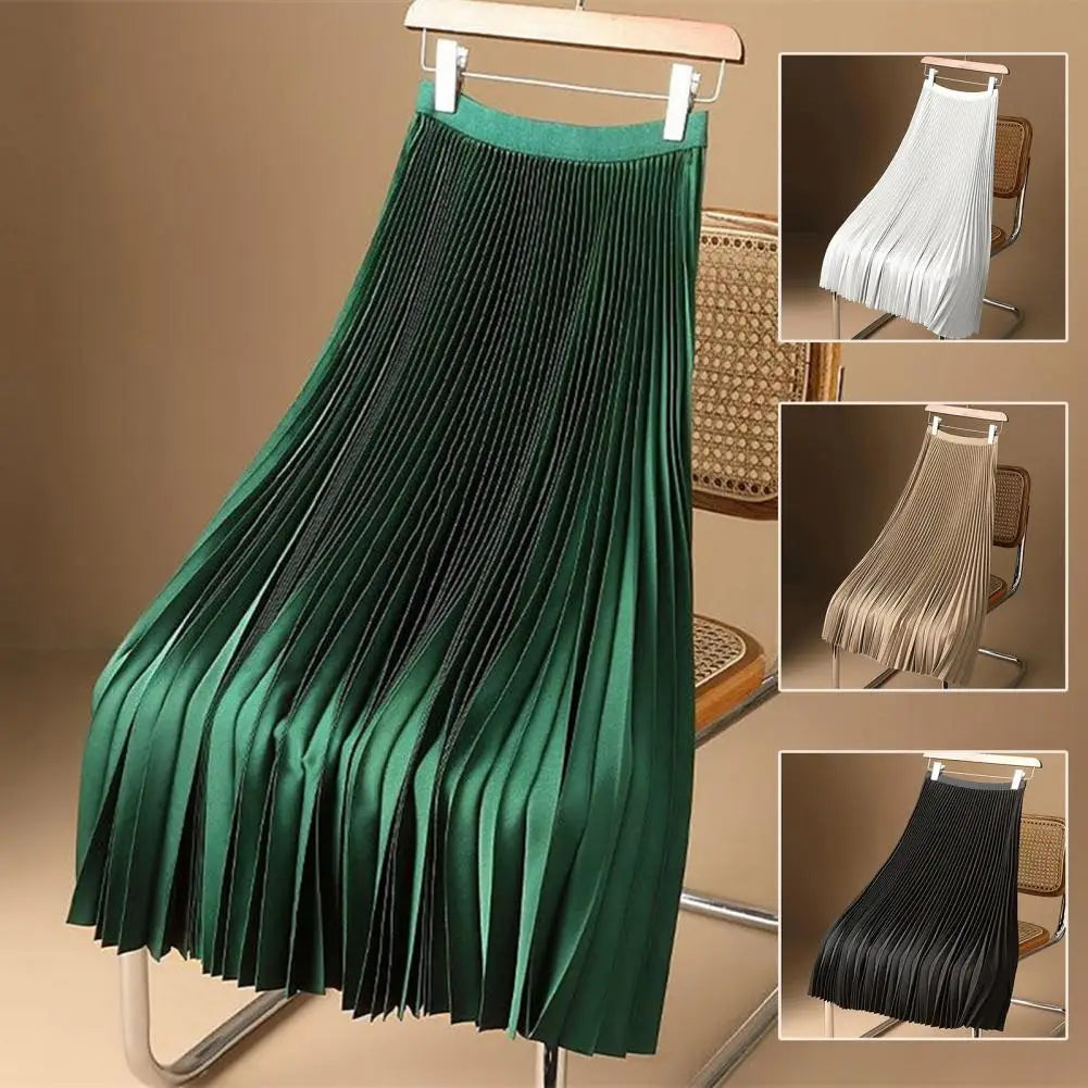 Women Vintage Midi Skirt Wide Elastic Waistband High Waist Pleated A-Line Skirt Solid Color Smooth Satin Long Skirt