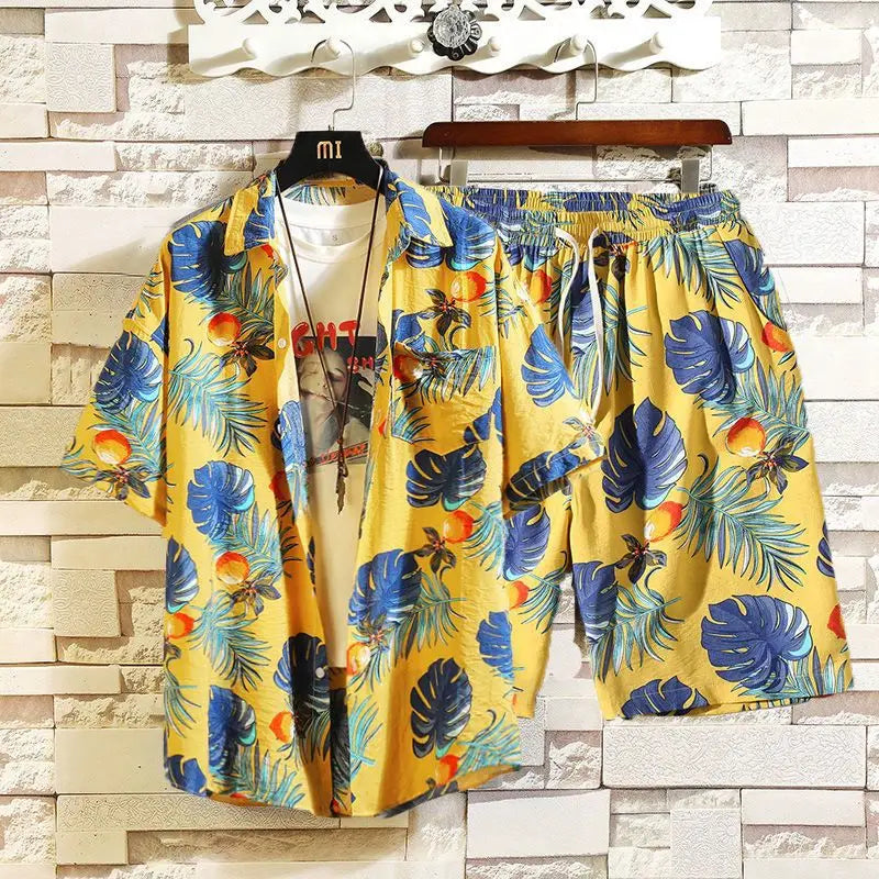 Men's 2 Pieces Set Hawaiian Shirts + Beach Shorts Mens Casual Streetwear Summer 12 Floral Print Loose Short Sleeve Holiday Suits