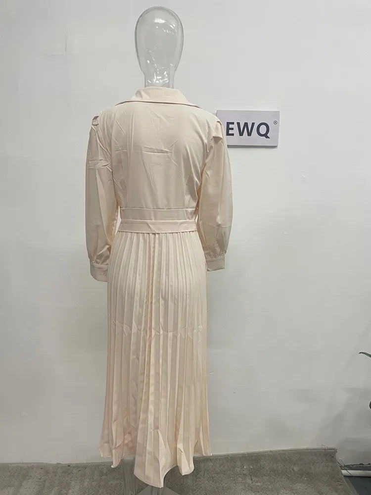 [EWQ] Turn-down Collar Women Office Panelled Dress Side Bow Tie Puff Sleeve Black Robe Ladies Vestidos Korea Chic 2023 Summer