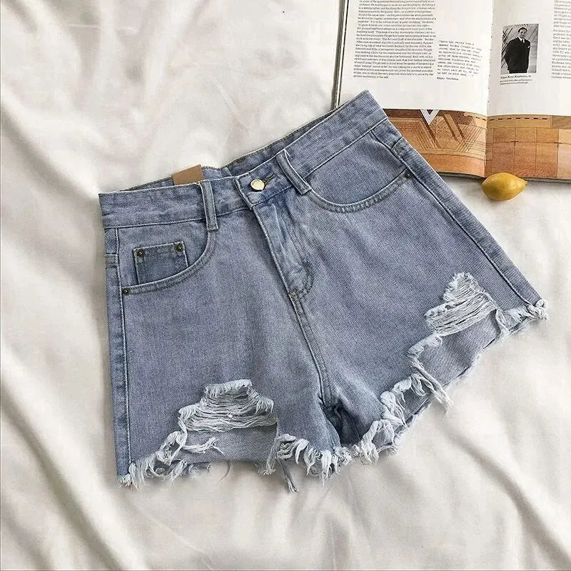 Spring Summer Women Student Shorts Trendy Hole-punched Jeans Slim Fit Loose Legs A- crotch Pants Street Style Sexy Chick Style