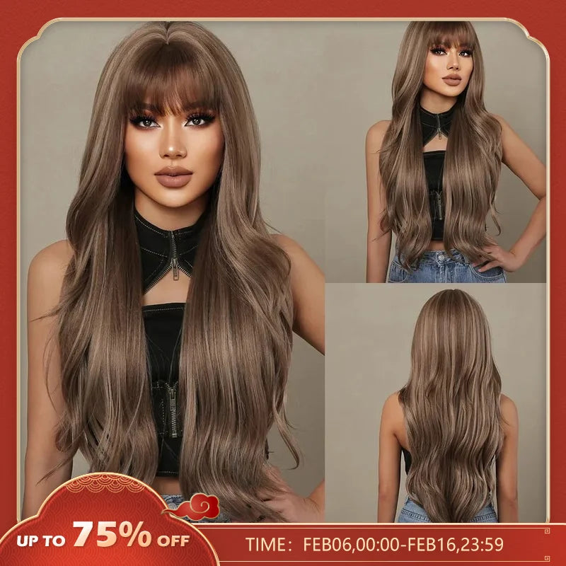 HAIRCUBE Brown Mixed Blonde Synthetic Wigs with Bang Long Natural Wavy Hair Wig for Women Daily Cosplay Use Heat Resistant