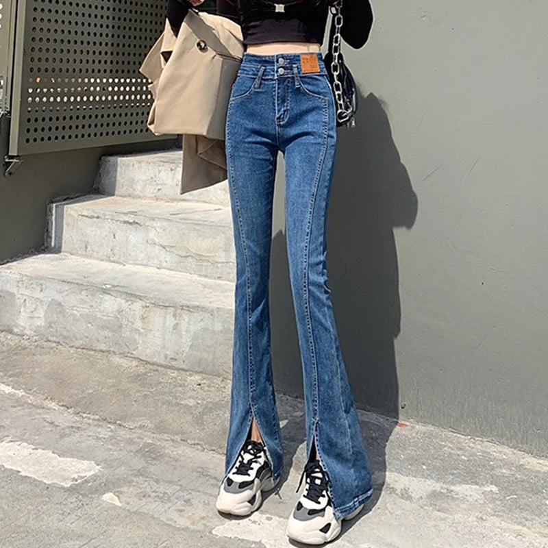 Oversize 4XL High Waist Skinny Split Flare Jeans Casual Korean Fashion Denim Pants Spring Fall Womens Slim Elegant Vaqueros
