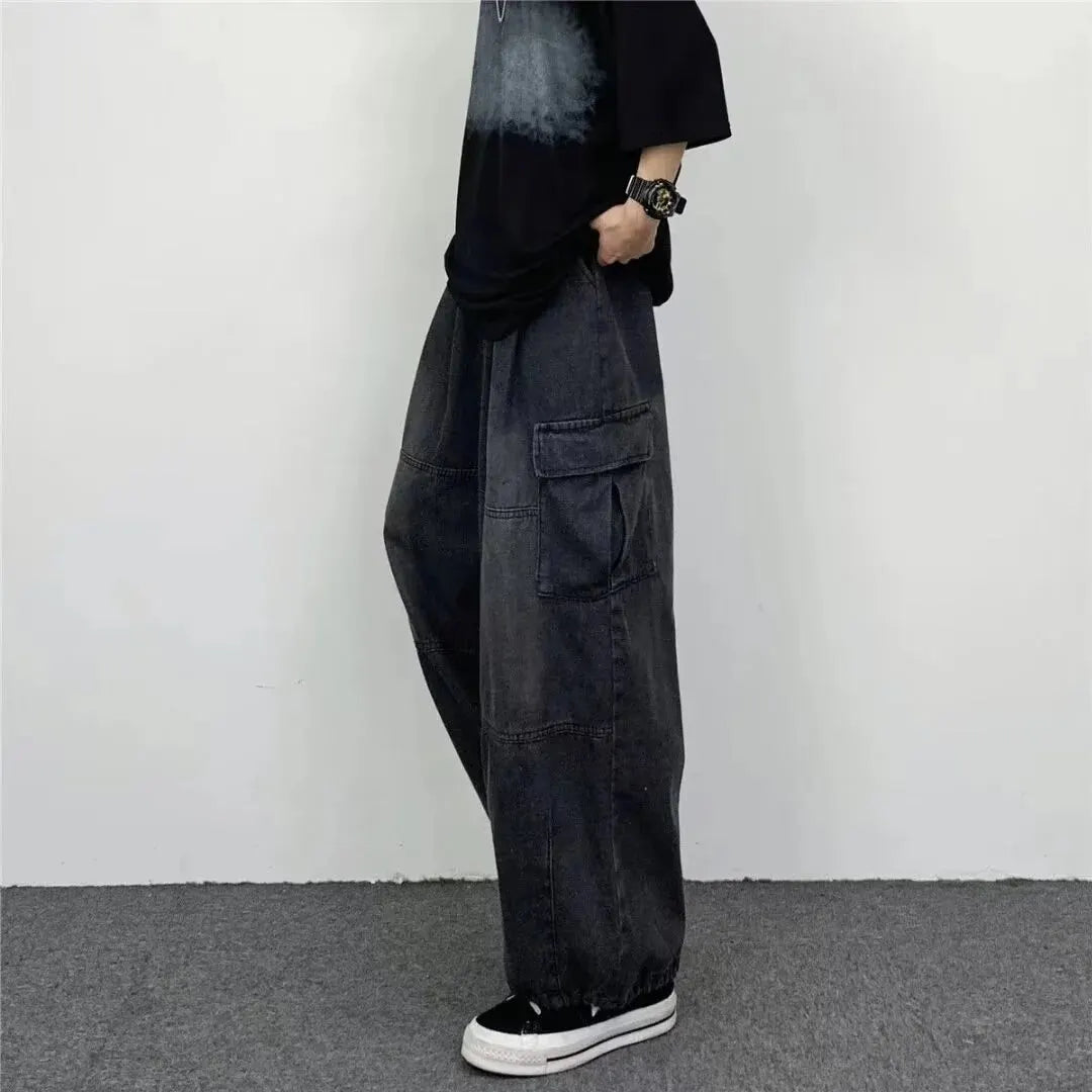 1970s Hong Kong Style Loose Casual Large Pocket Workwear Jeans Water Wash Old Dad Pants Men Women