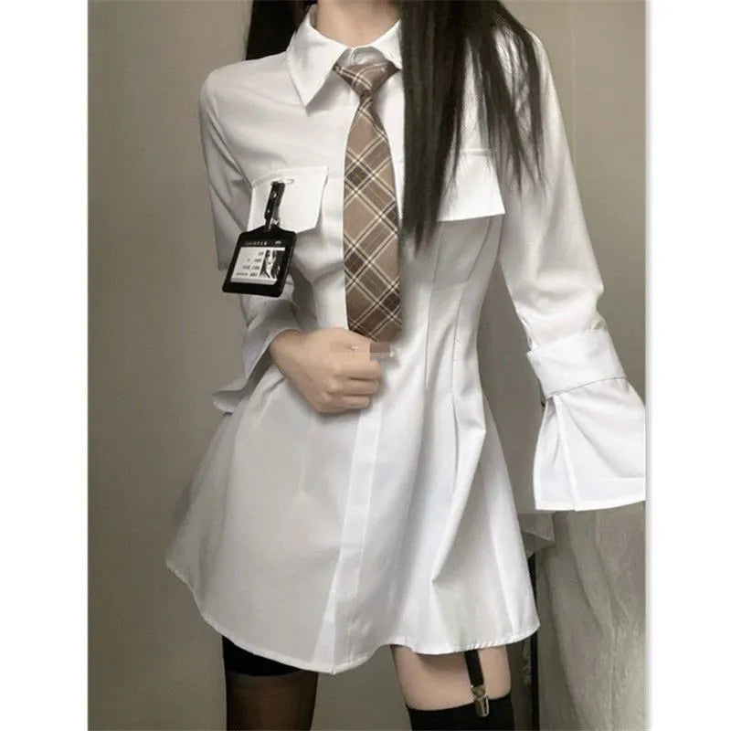 HOUZHOU Preppy White Dress Shirt Women Sexy Corset Korean Fashion Long Sleeve Mini Dresses with Ties Streetwear Designer Summer