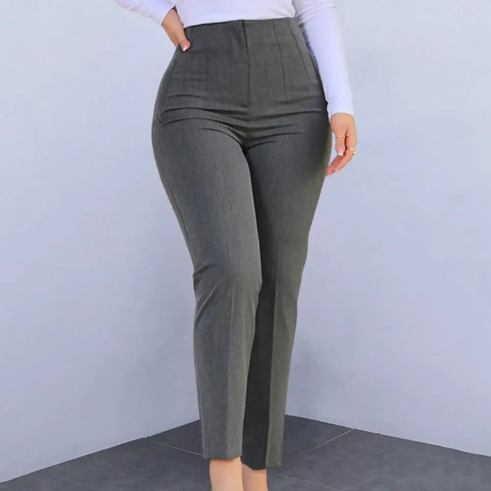 High Waist Pleated Pockets Ninth-Length Women Trousers Solid Color Straight Leg Suit Pants