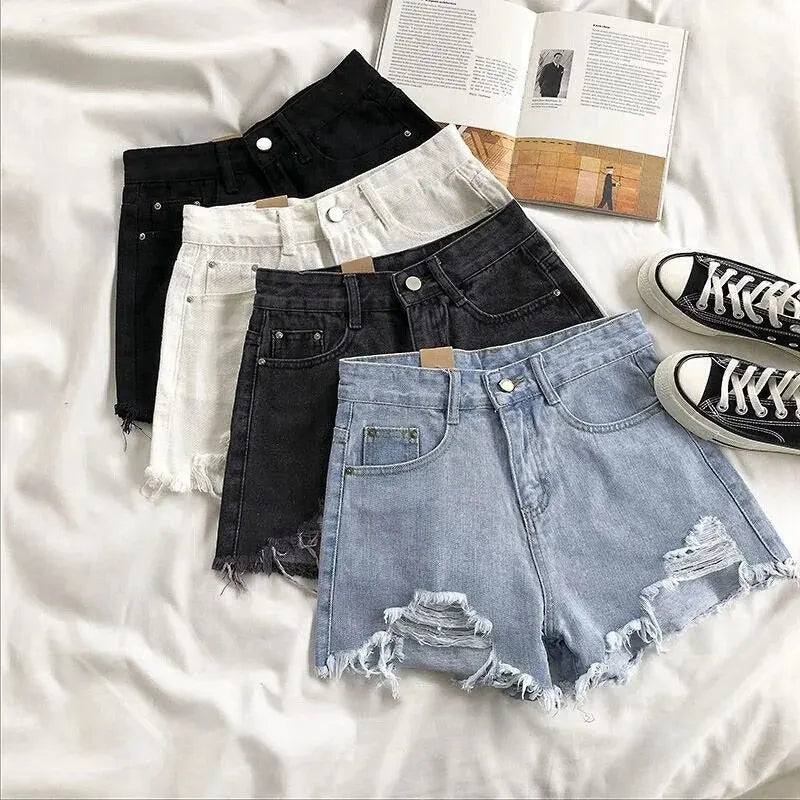 Spring Summer Women Student Shorts Trendy Hole-punched Jeans Slim Fit Loose Legs A- crotch Pants Street Style Sexy Chick Style