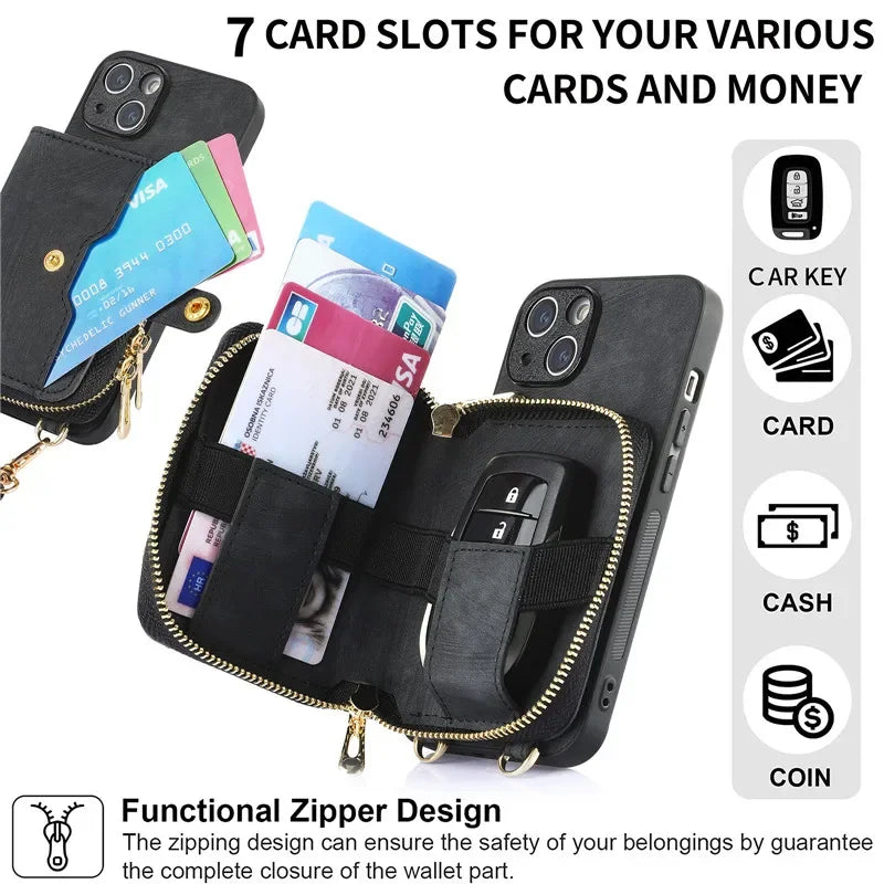 Lanyard Leather Zip Wallet Card Phone Case for iPhone 15 Pro Max 14 Plus 13 Mini 12 11 SE 2022 X XR XS Max 8 7 Flip Purse Cover