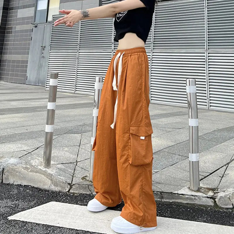 Streetwear Women Oversize Solid Cargo Pants Elastic Waist Drawcord Loose Harajuku Hip Hop Casual Wide Leg Sports Trousers 2023