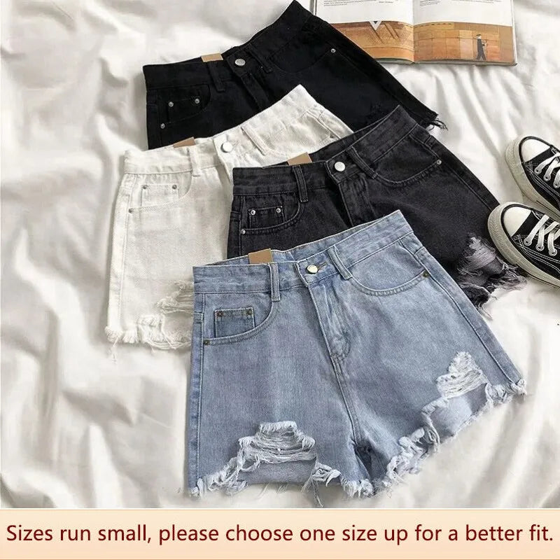 Spring Summer Women Student Shorts Trendy Hole-punched Jeans Slim Fit Loose Legs A- crotch Pants Street Style Sexy Chick Style