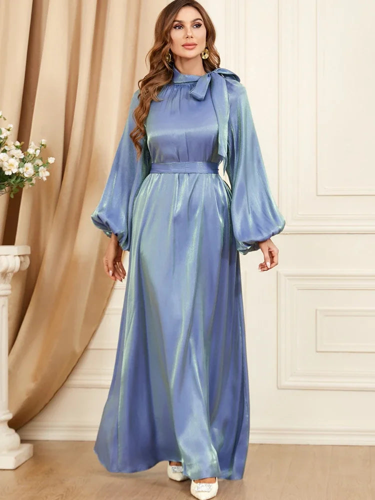Eid Party Dress Muslim Women Ramadan Abaya Lantern Sleeve Lace-up Dubai Islam Robe Caftan Marocain Kaftan Femme Vestidos 2024