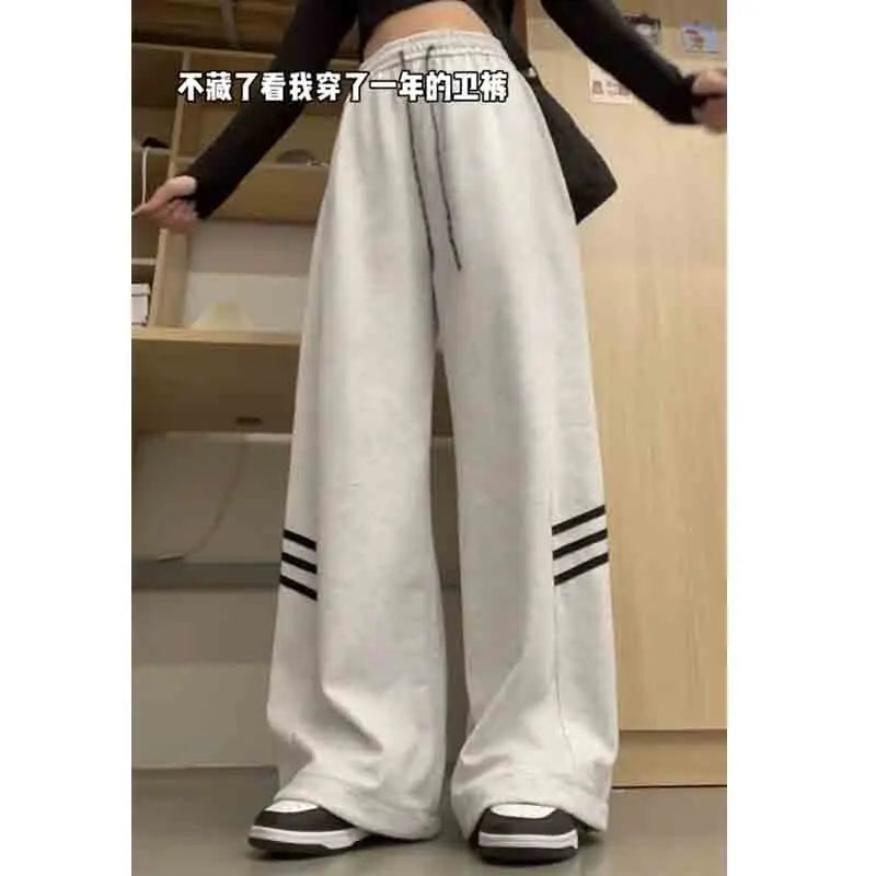 High Street Fashion Vintage Stripes Casual Loose Straight Pants Women's Trend Elastic Waist Drawstring Pockets Wide Leg Trousers