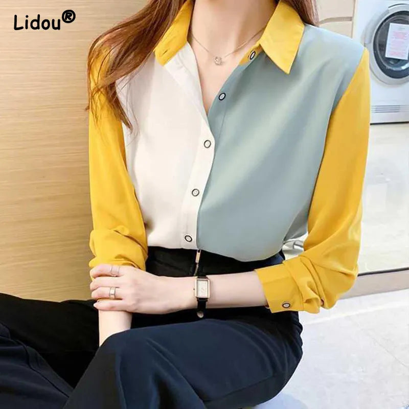 Office Lady Solid Color Blouses Button Turn-down Collar Simple Loose Shirts Tops Women Spring Autumn New Grace Trend Clothing