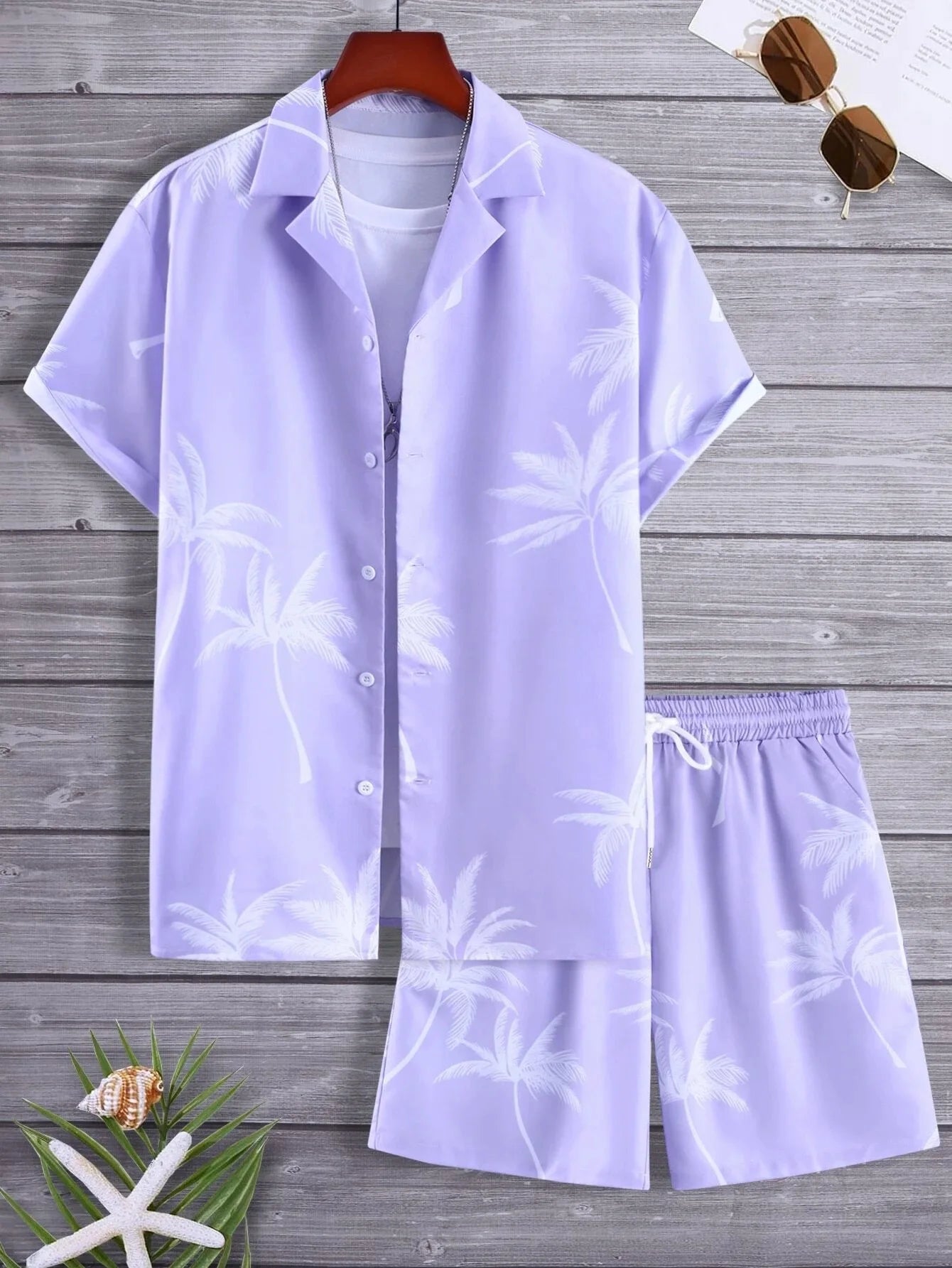 Men Random Palm Tree Print Shirt & Drawstring Waist Shorts Without Tee