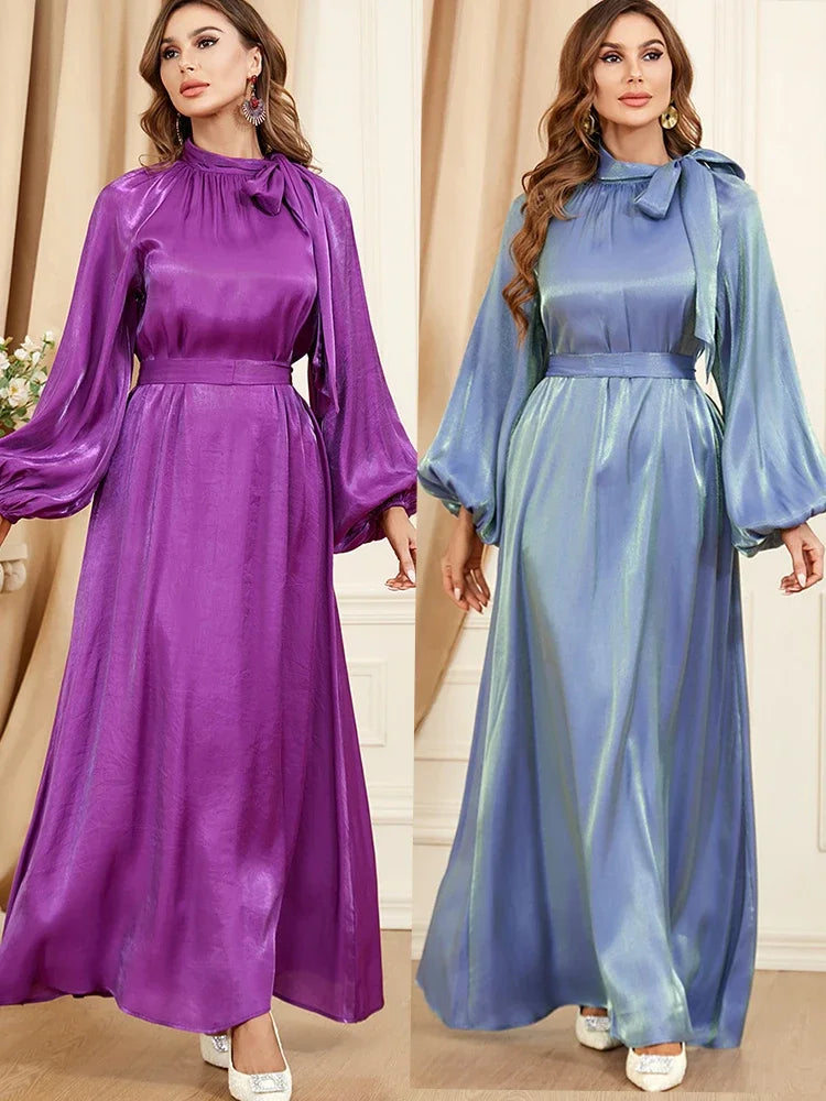 Eid Party Dress Muslim Women Ramadan Abaya Lantern Sleeve Lace-up Dubai Islam Robe Caftan Marocain Kaftan Femme Vestidos 2024