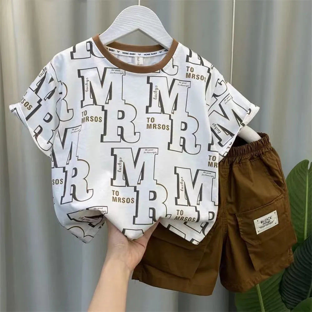 Boys Summer Short Sleeve Set 2024 New Fashionable Baby Clothes Boys Handsome Clothes Children's Letter Two Piece Set