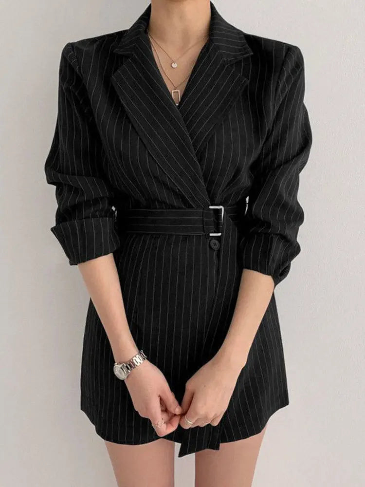 [EWQ] Korean Chic Office Lady Vintage Striped Notched Collar Mini Dress Women Lace Up Waist Striped Blazer Dresses 2023 Spring