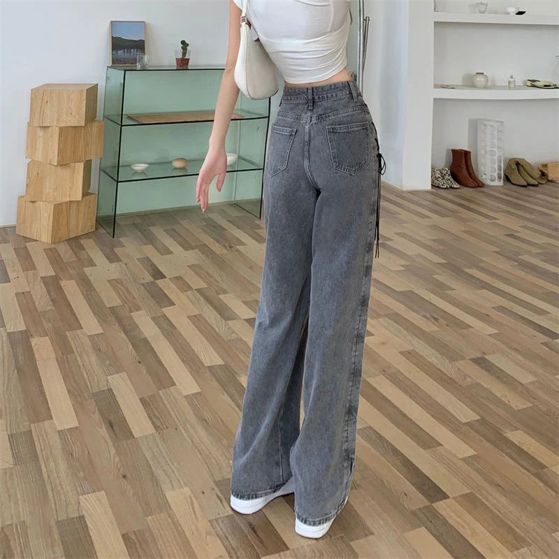 Black Gray Lace Up Design Jeans Women Vintage High Waist Straight Denim Pants Female Autumn Winter New Chic Wide Leg Trousers