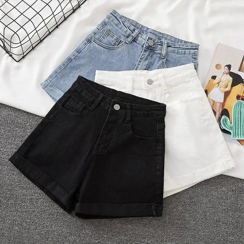 Lightweight Versatile High-waist Water-washed Jeans Shorts Women Summer Trendy A- line Hot Pants Loose Cotton Material