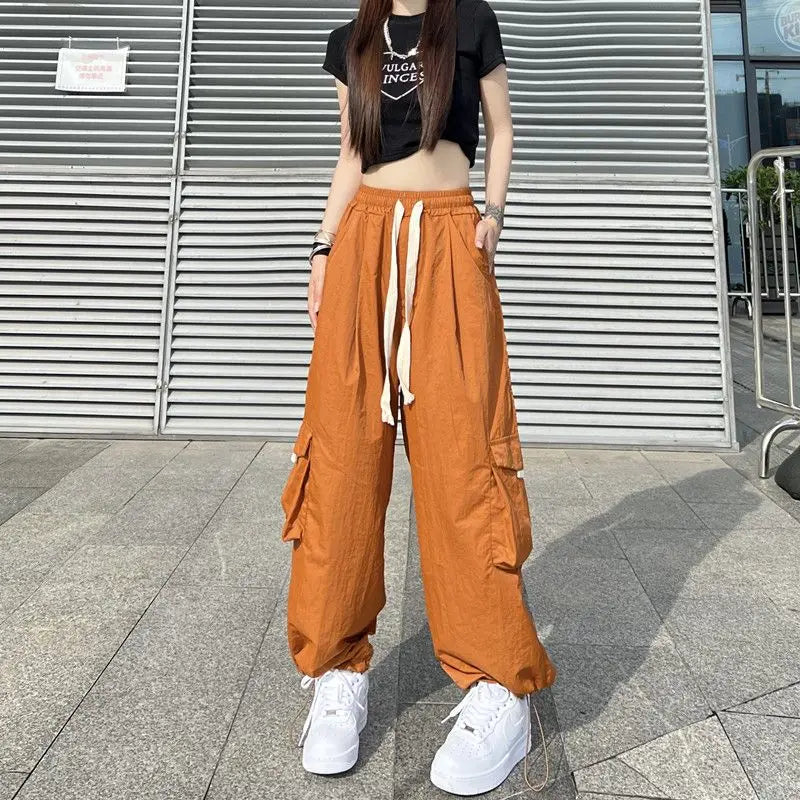 Streetwear Women Oversize Solid Cargo Pants Elastic Waist Drawcord Loose Harajuku Hip Hop Casual Wide Leg Sports Trousers 2023