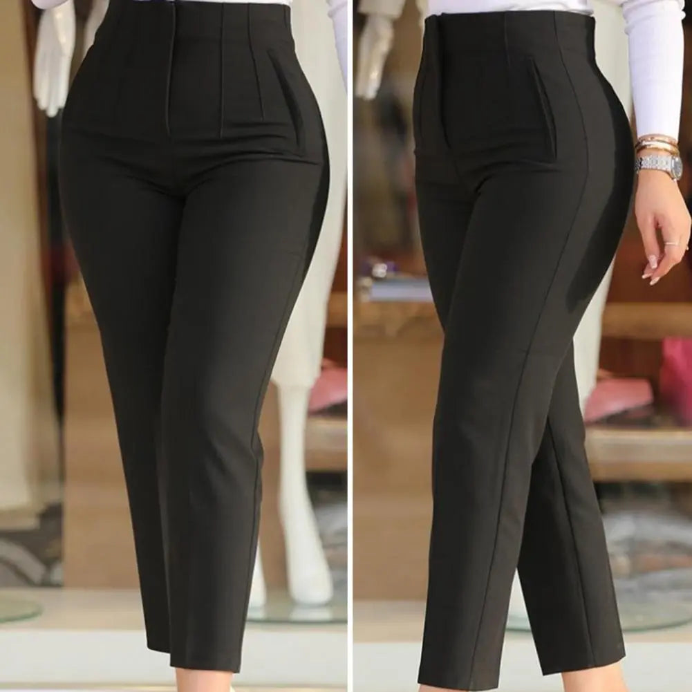 High Waist Pleated Pockets Ninth-Length Women Trousers Solid Color Straight Leg Suit Pants