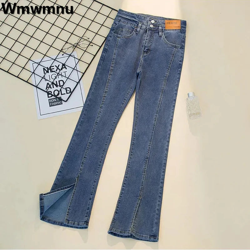 Oversize 4XL High Waist Skinny Split Flare Jeans Casual Korean Fashion Denim Pants Spring Fall Womens Slim Elegant Vaqueros