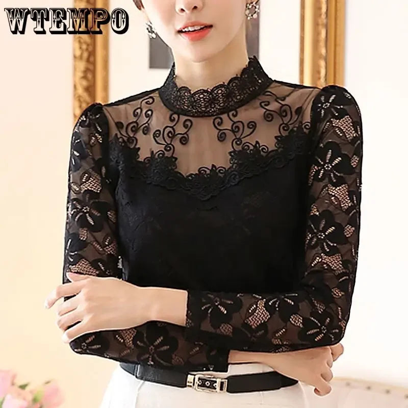 WTEMPO Sheer Lace Tops Long Sleeve Casual Shirt Beaded Turtleneck Feminine Tops Women Sexy Slim Lace Blouse Bottom Knitted Tops