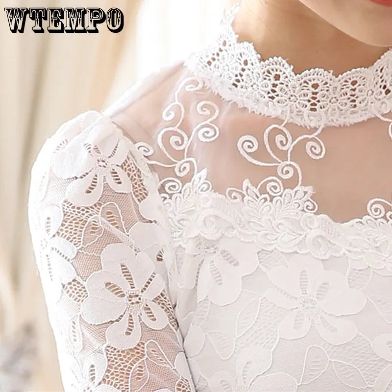 WTEMPO Sheer Lace Tops Long Sleeve Casual Shirt Beaded Turtleneck Feminine Tops Women Sexy Slim Lace Blouse Bottom Knitted Tops