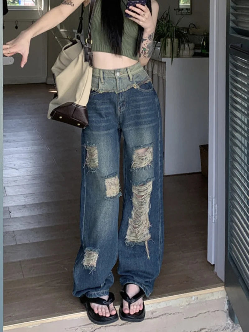 Hole Jeans Women High Waist American Style Street Retro Chic All-match Summer Gothic Loose Contrast Color Trouser Daily College