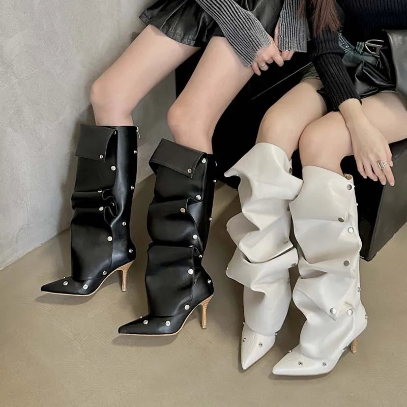 Ins style Autumn Winter Rivet Button Pleated Women Knee-high Boots Fashion Pointed toe PU Leather Thin High heels Boots Shoes