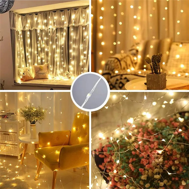 LED Curtain Lights Warm Fairy String Lights Festival Lighting Rainbow Window Lamp Home Bedroom Wedding Christmas Decoration