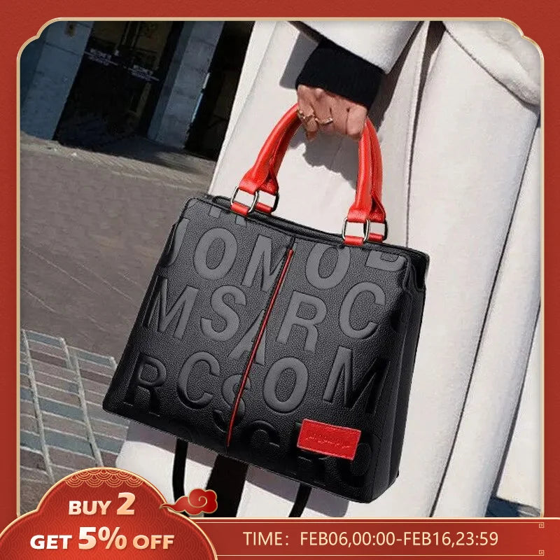 2023 New Fashion Solid Color Shoulder Large Capacity Soft Leather Cloth Letter Embossed Ladies Handbag