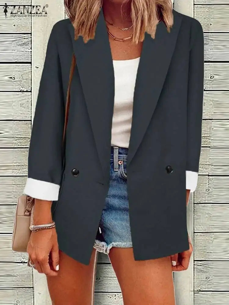 Fashion Women Solid Blazer ZANZEA Holiday Lapel Collar Jaket 2023 Autumn Long Sleeve Coats Casual Loose Colorblock Outerwears