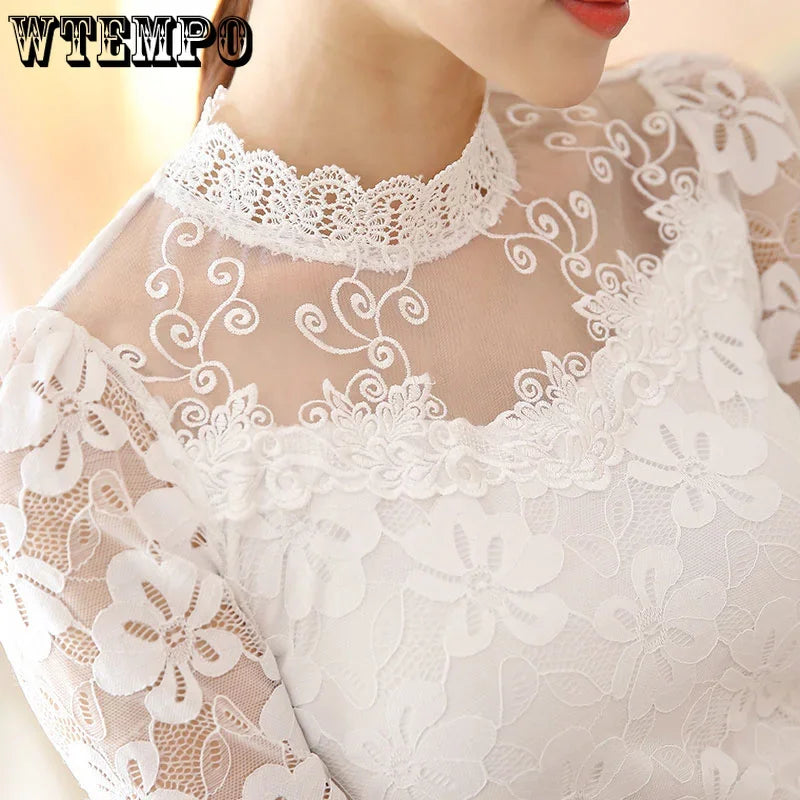 WTEMPO Sheer Lace Tops Long Sleeve Casual Shirt Beaded Turtleneck Feminine Tops Women Sexy Slim Lace Blouse Bottom Knitted Tops