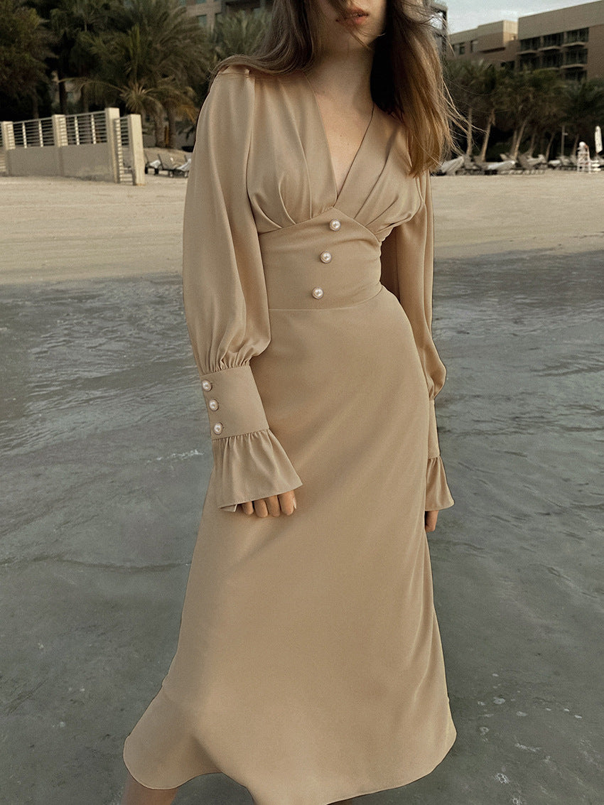 Fashion Design V-neck Dress Simple Slim Fit A- Line Dress Female French Chiffon Midi Dress